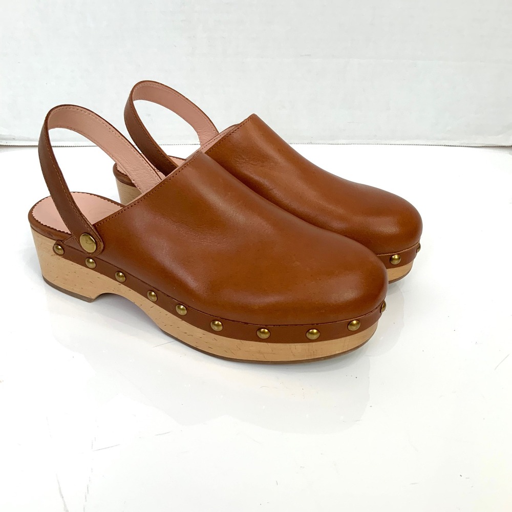 New J. Crew Sz 7 Cognac Brown Leather Gold Studded Convertible Wooden Clogs